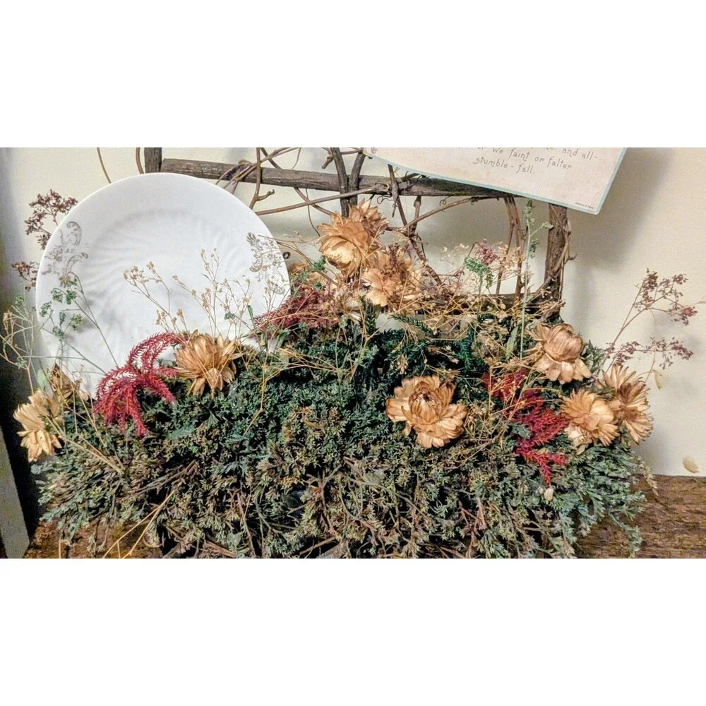 Handmade Rustic Twig Trellis Dried Floral Arrangement Vintage Postcard Porcelain